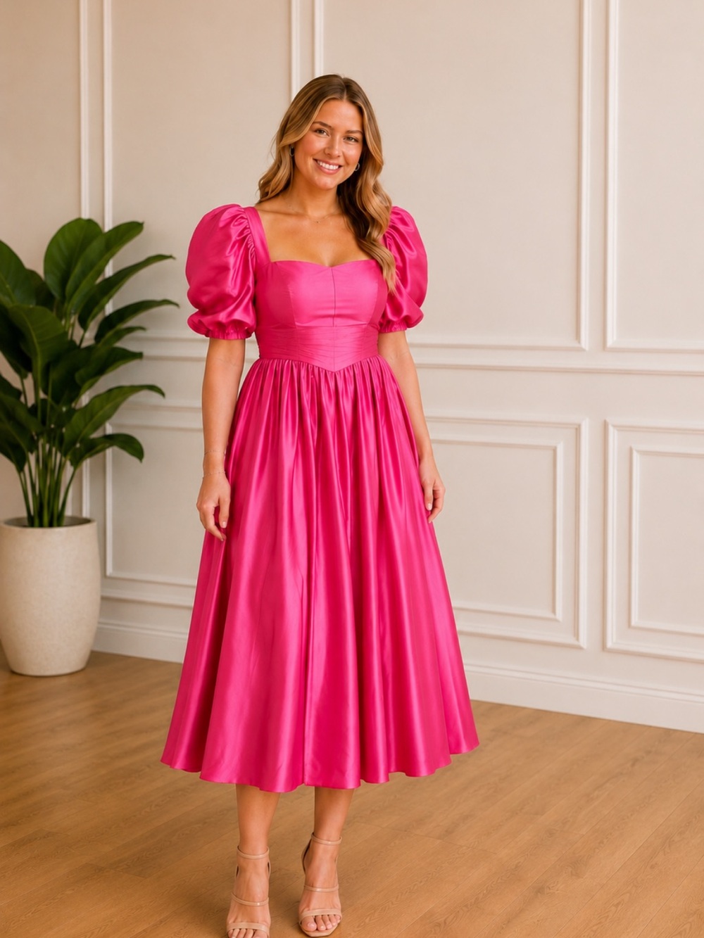 Hot Pink Puff-Sleeve Midi Dress with Square Neckline with a corset at the back..